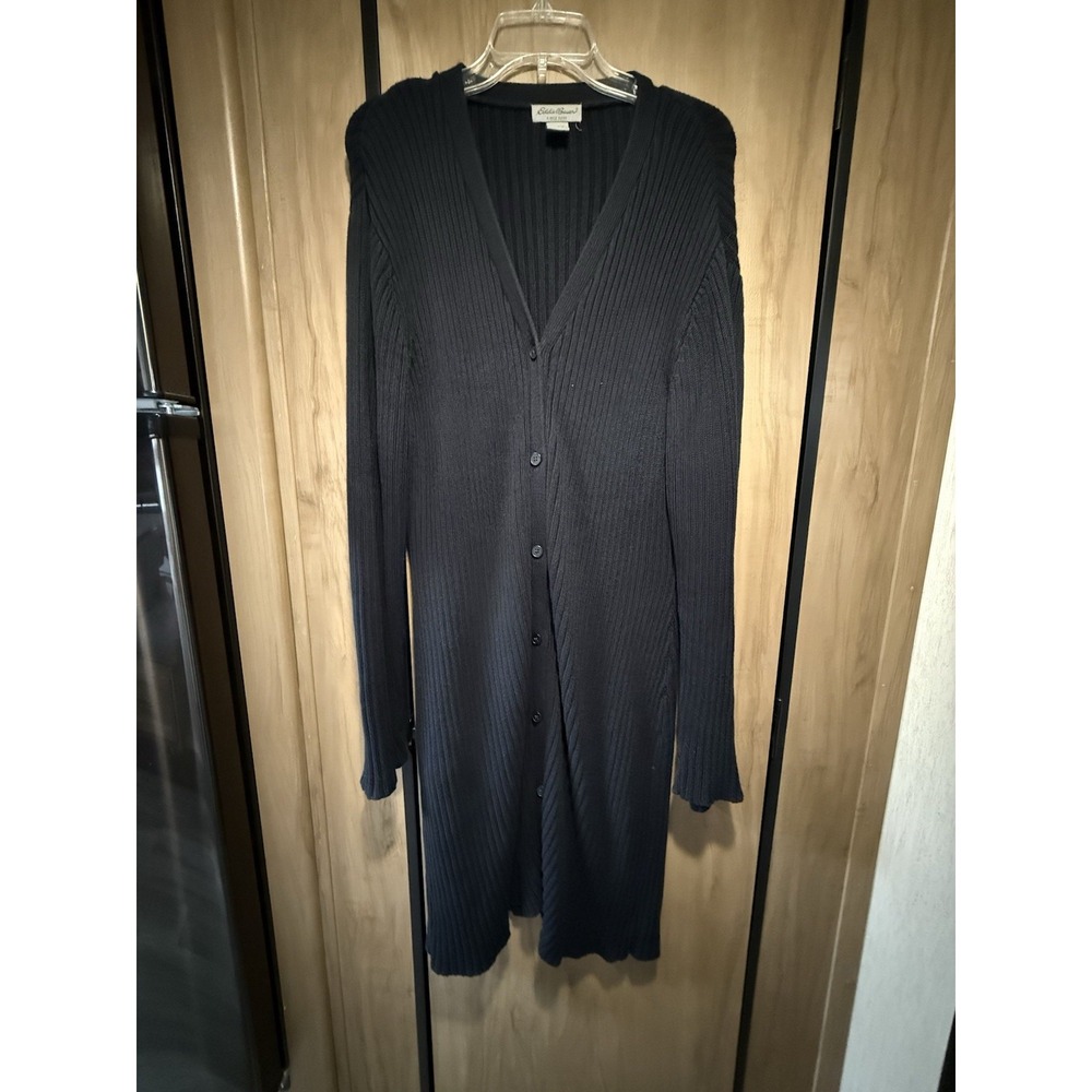 Eddie Bauer Women's Cardigan Long Buttons Pockets Sz XL Black Chunky Knit Cotton